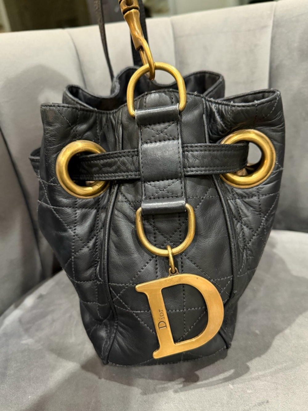 Vintage Christian Dior Shoulder Bag Cannage Quilted Black Leather bucket bag - Picture 10 of 16